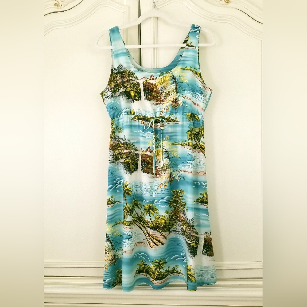 Puanani Hawaii Blue Tropical Ocean Print Empire Waist Sleeveless Dress Large